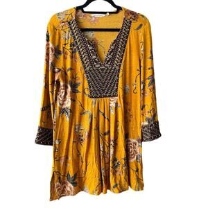 Soft Surroundings Women's Floral Etana Embroidered Tunic Top Mustard Size M